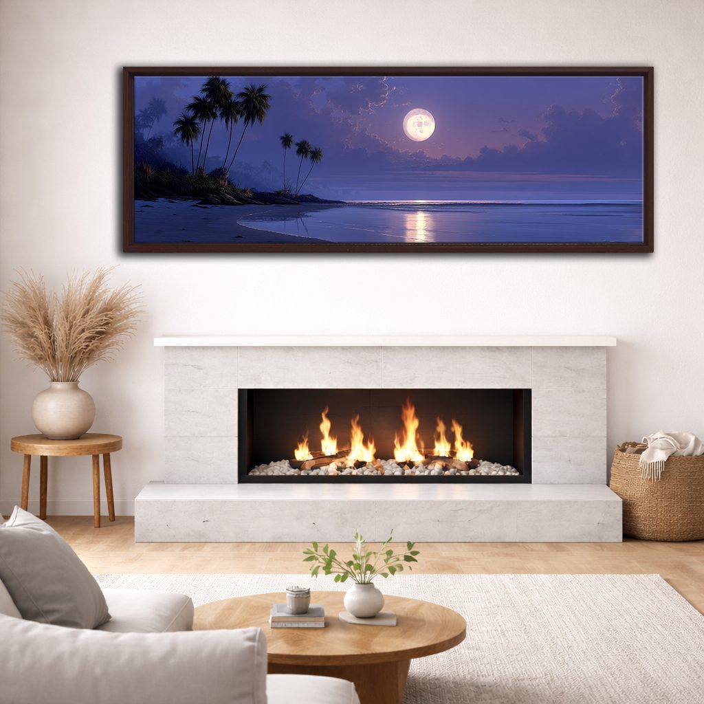 Moonlit Tropical Palm Beach canvas wall art, walnut floating frame
