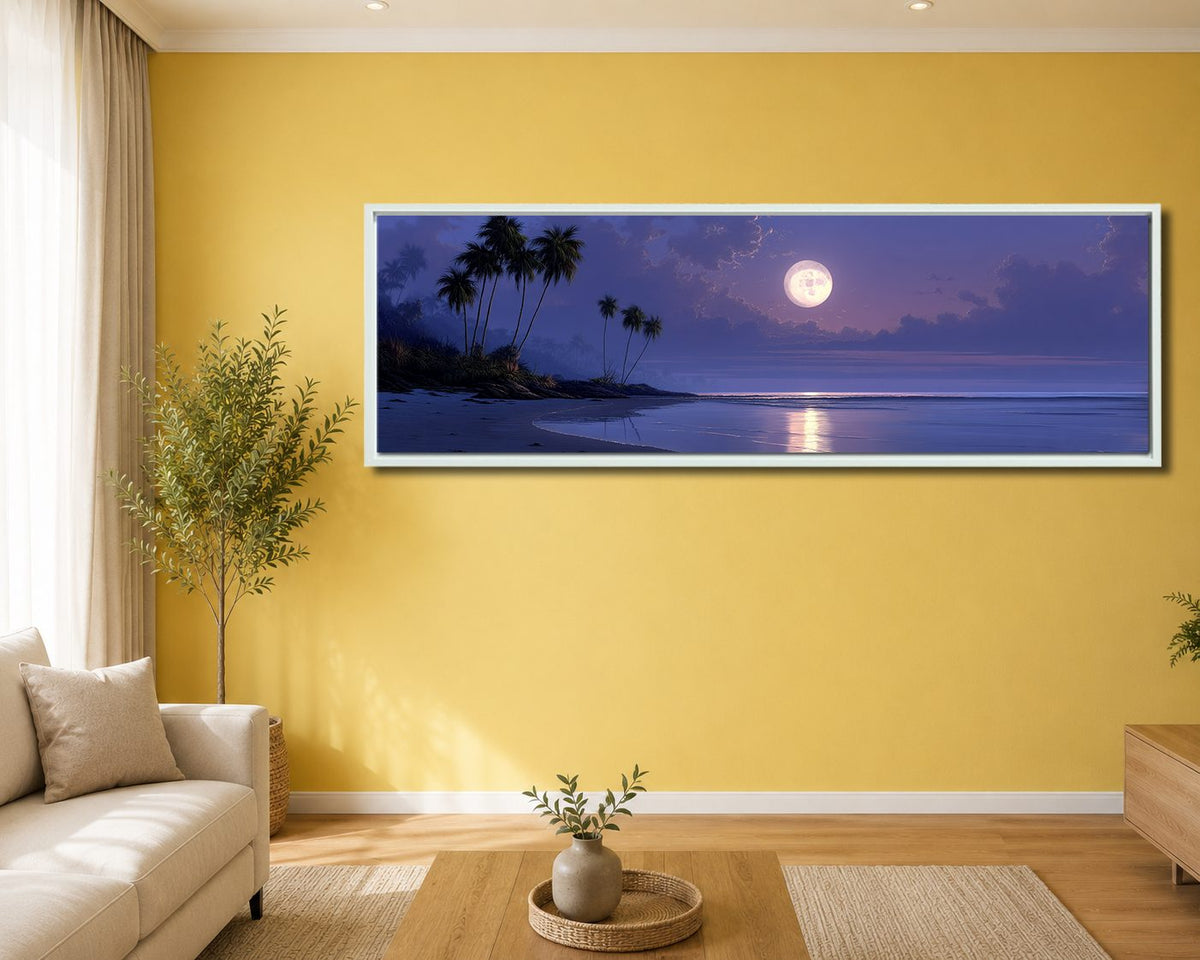 Moonlit Tropical Palm Beach canvas wall art, white floating frame