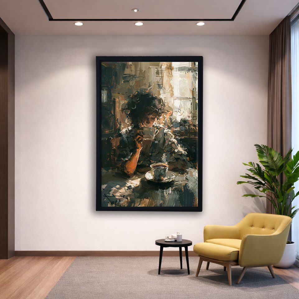 Morning Coffee Impressionist Scene canvas wall art, black floating frame