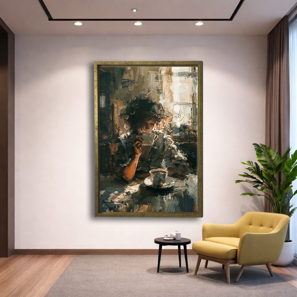 Morning Coffee Impressionist Scene canvas wall art, gold floating frame