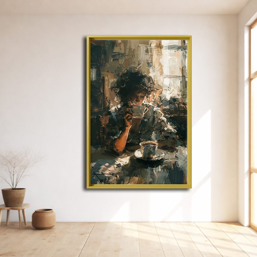 Morning Coffee Impressionist Scene canvas wall art, natural wood floating frame