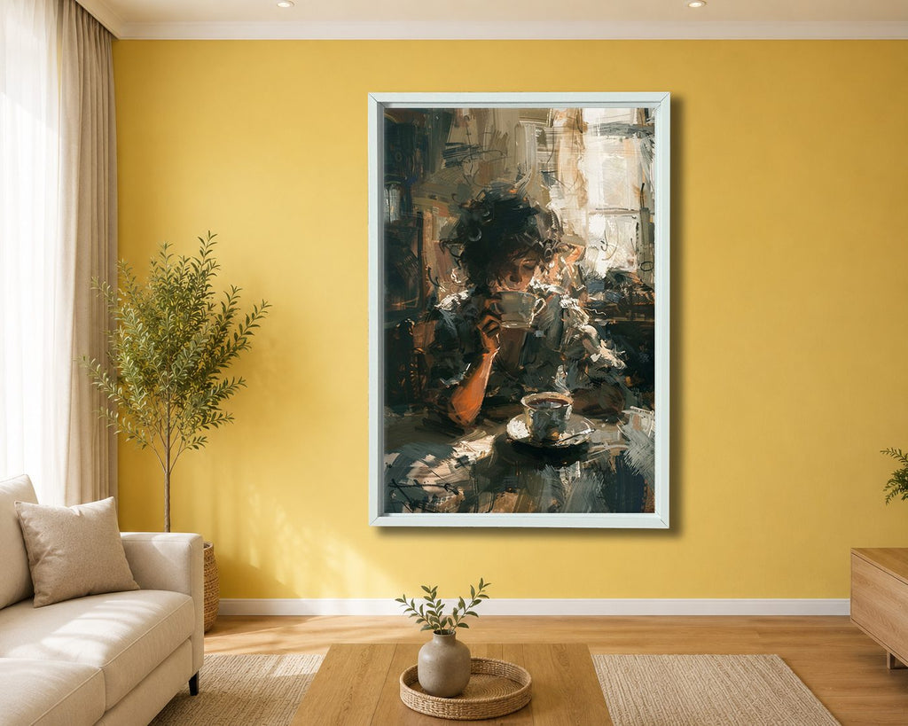 Morning Coffee Impressionist Scene canvas wall art, white floating frame