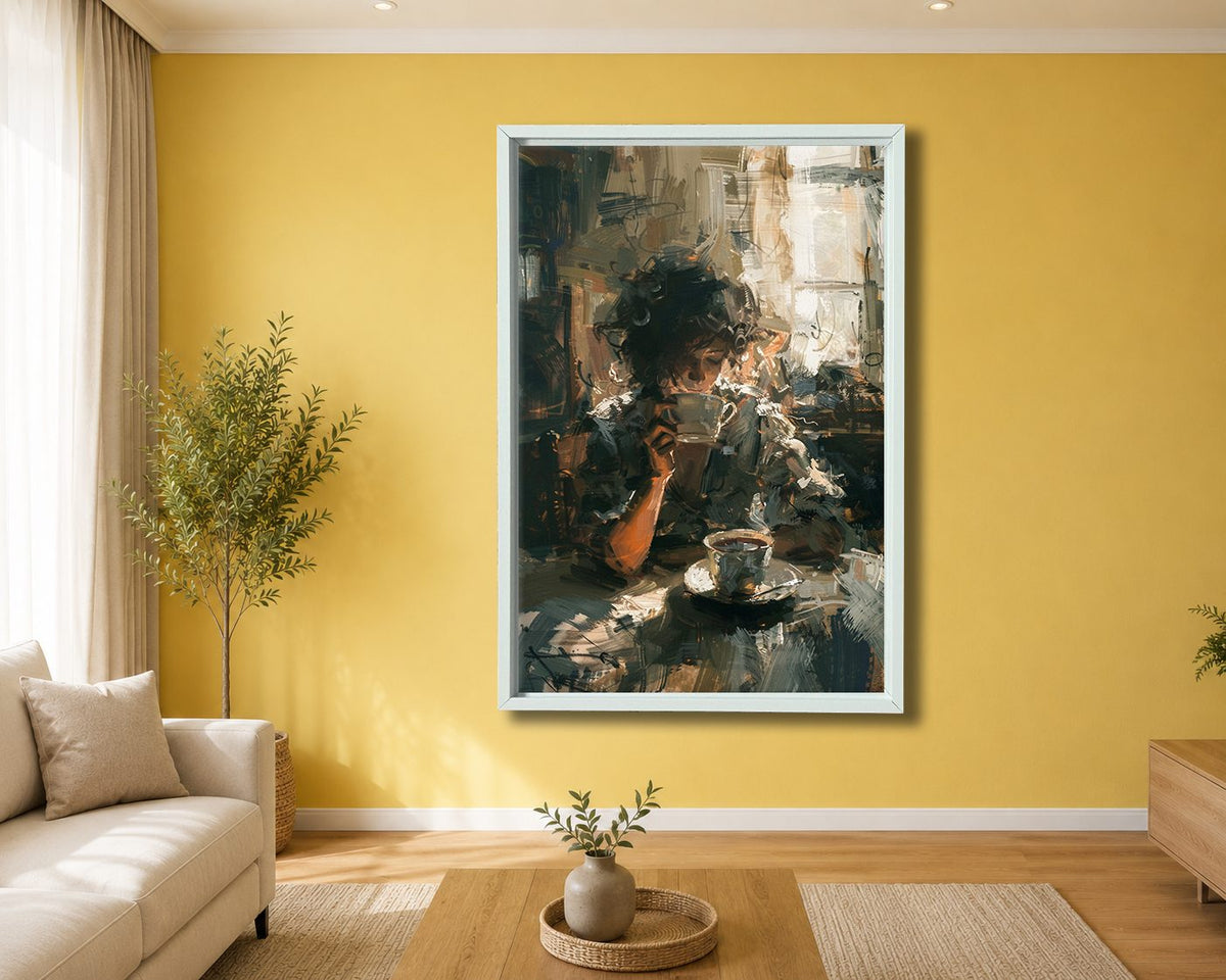 Morning Coffee Impressionist Scene canvas wall art, white floating frame