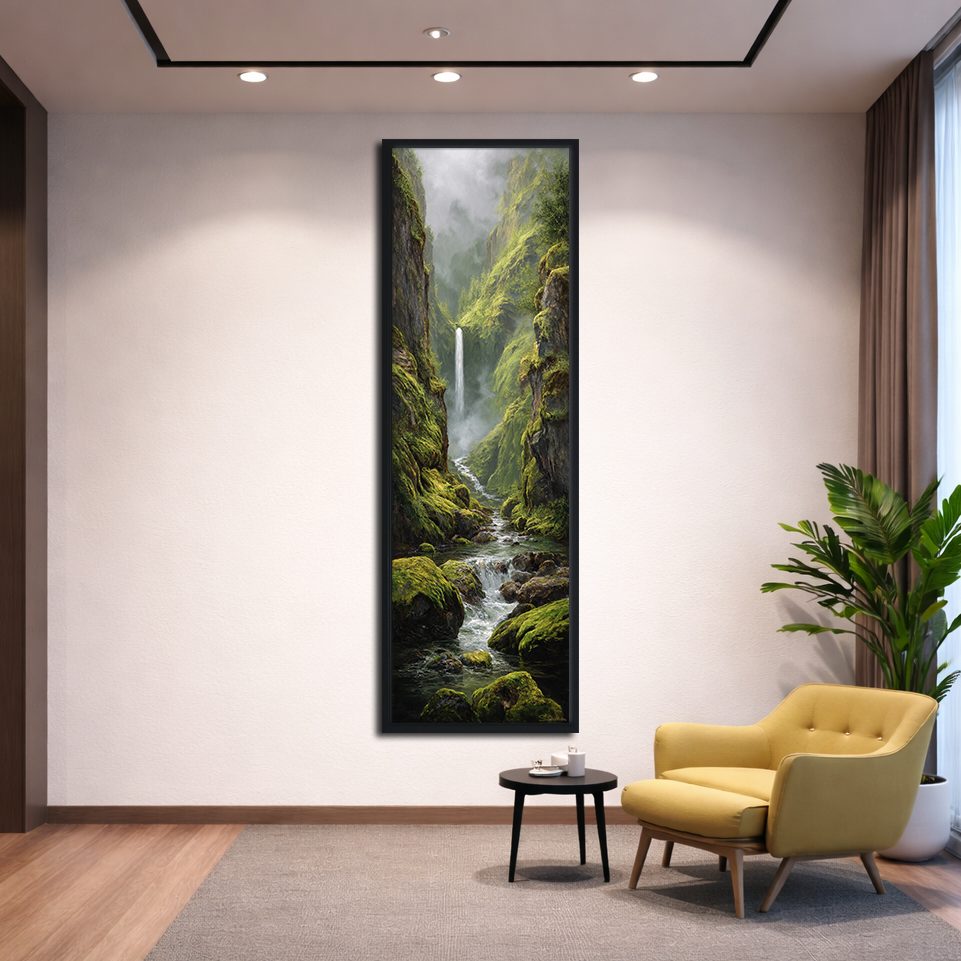 Mossy Waterfall Gorge canvas wall art, black floating frame