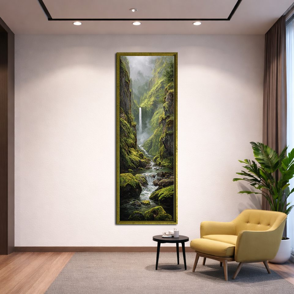 Mossy Waterfall Gorge canvas wall art, gold floating frame