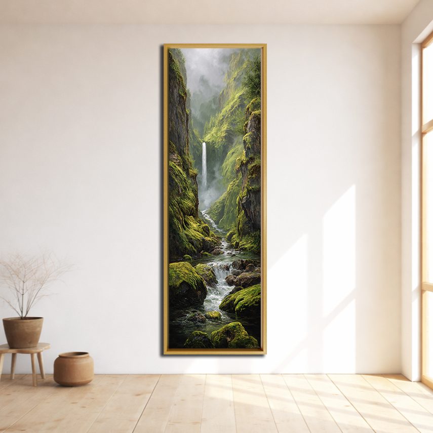 Mossy Waterfall Gorge canvas wall art, natural wood floating frame