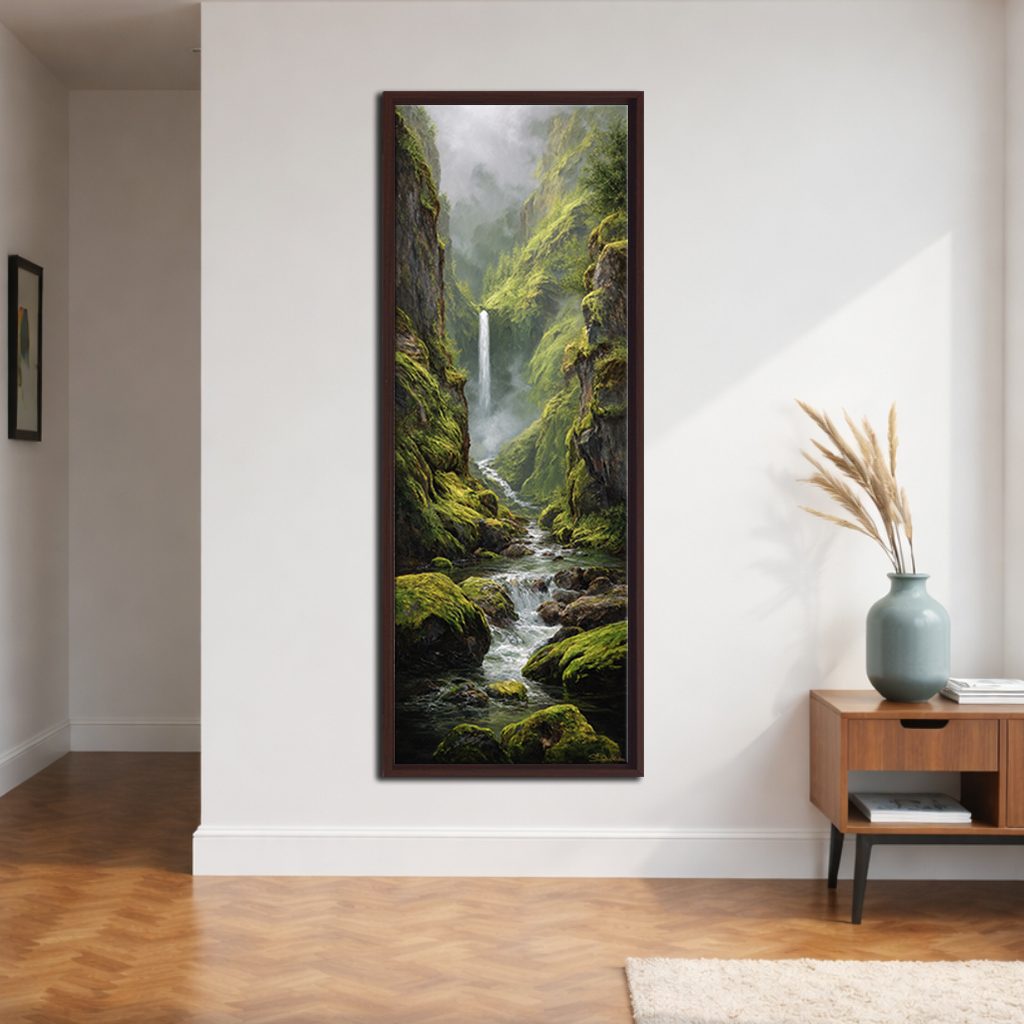 Mossy Waterfall Gorge canvas wall art, walnut floating frame