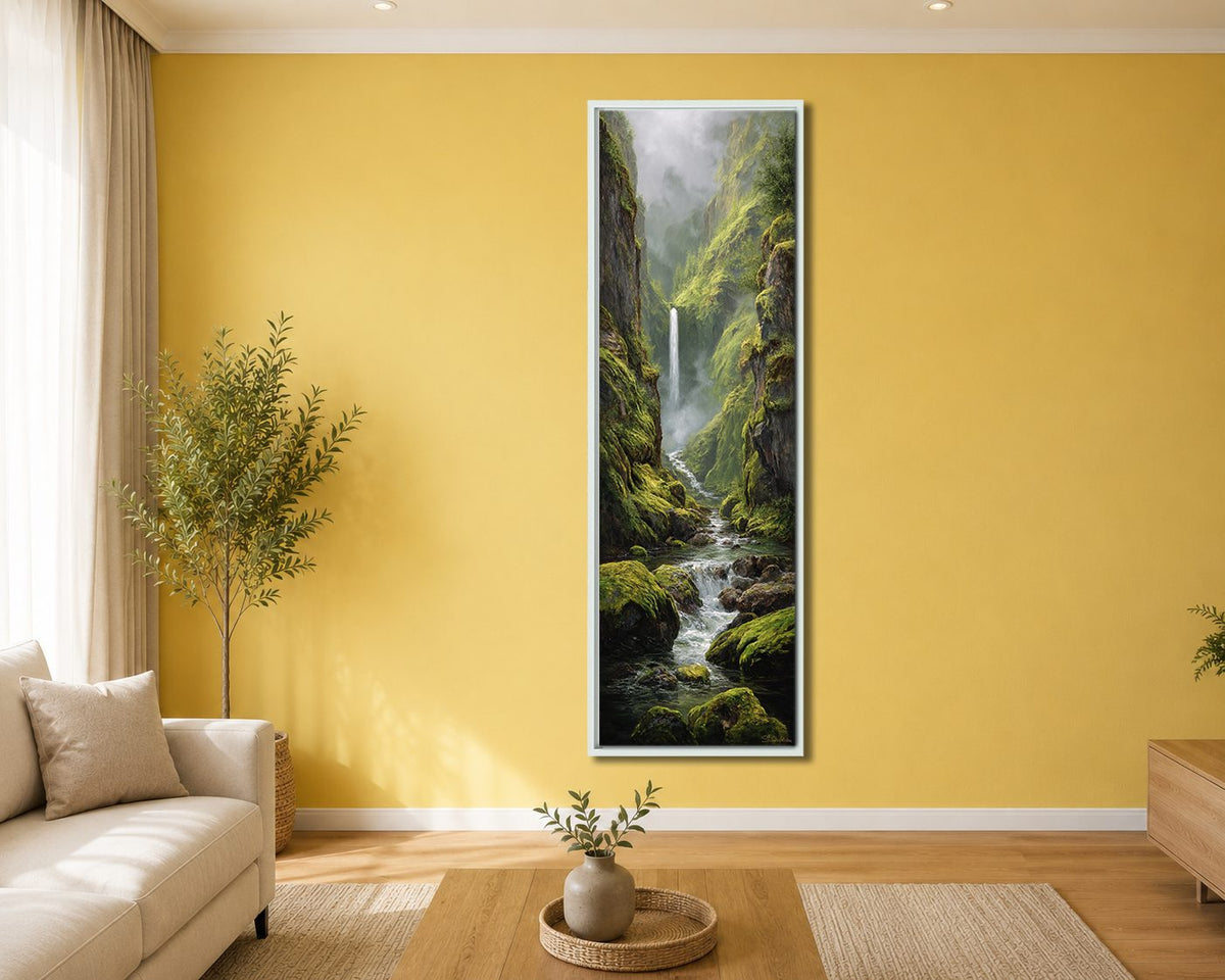 Mossy Waterfall Gorge canvas wall art, white floating frame