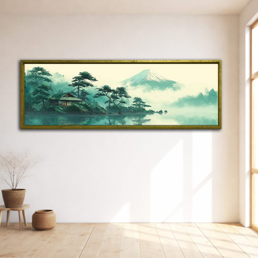 Mount Fuji Teal Japanese Landscape canvas wall art, gold floating frame
