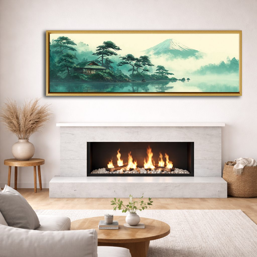 Mount Fuji Teal Japanese Landscape canvas wall art, natural wood floating frame