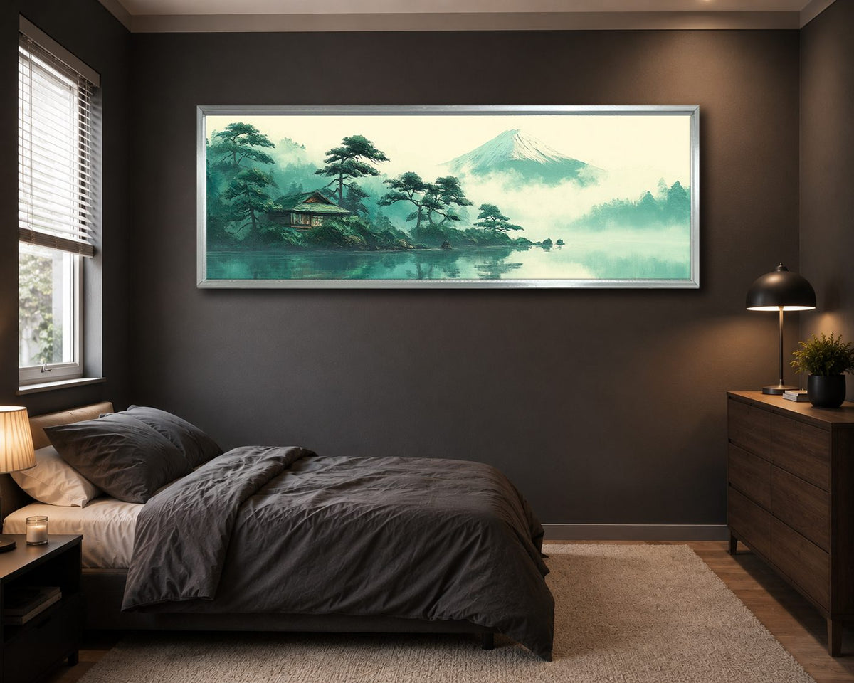 Mount Fuji Teal Japanese Landscape canvas wall art, silver floating frame