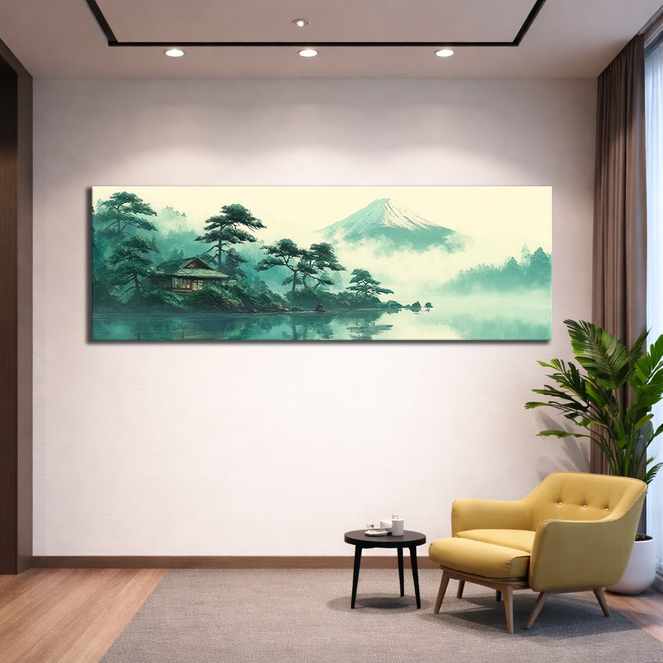 Mount Fuji Teal Japanese Landscape canvas wall art, unframed canvas
