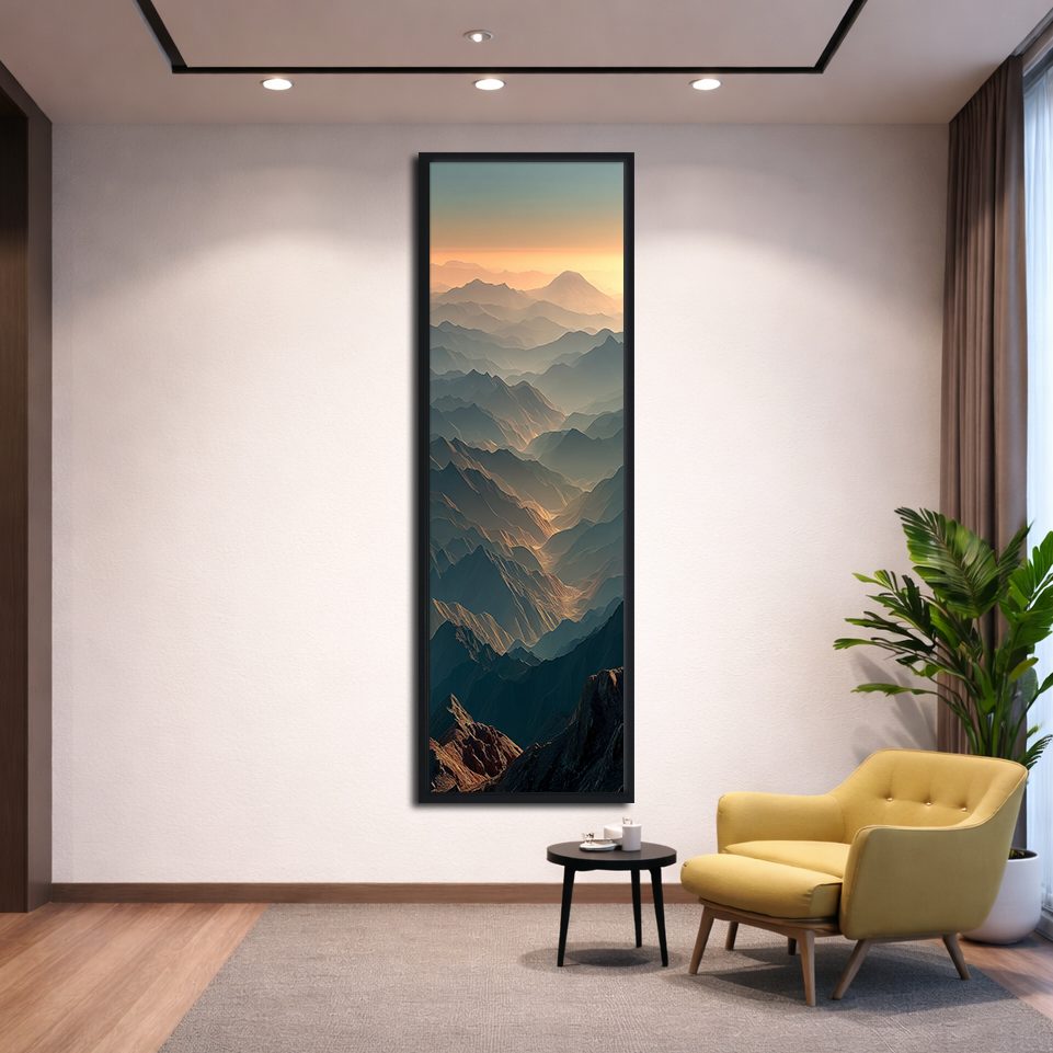 Mountain Ridges at Sunset canvas wall art, black floating frame