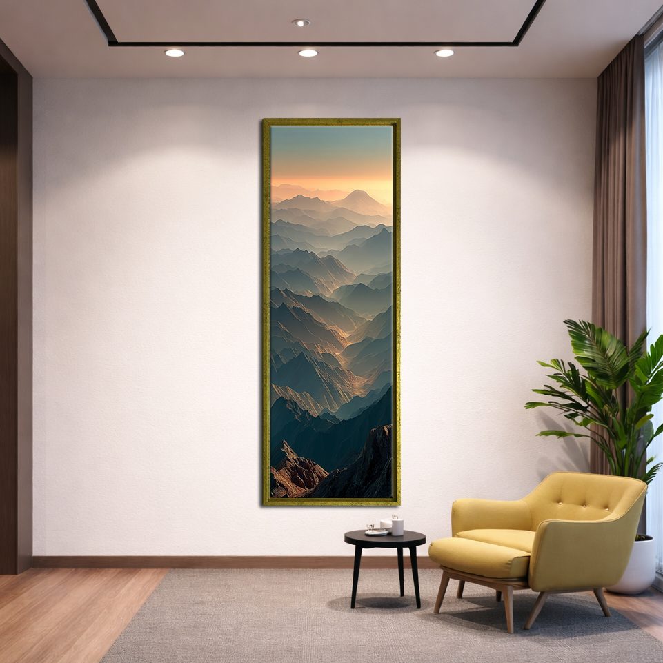 Mountain Ridges at Sunset canvas wall art, gold floating frame