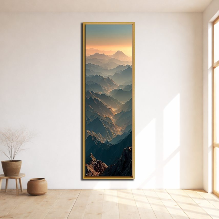 Mountain Ridges at Sunset canvas wall art, natural wood floating frame