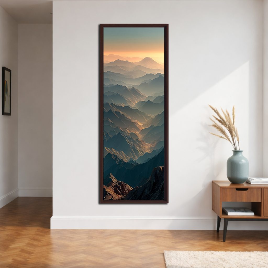 Mountain Ridges at Sunset canvas wall art, walnut floating frame