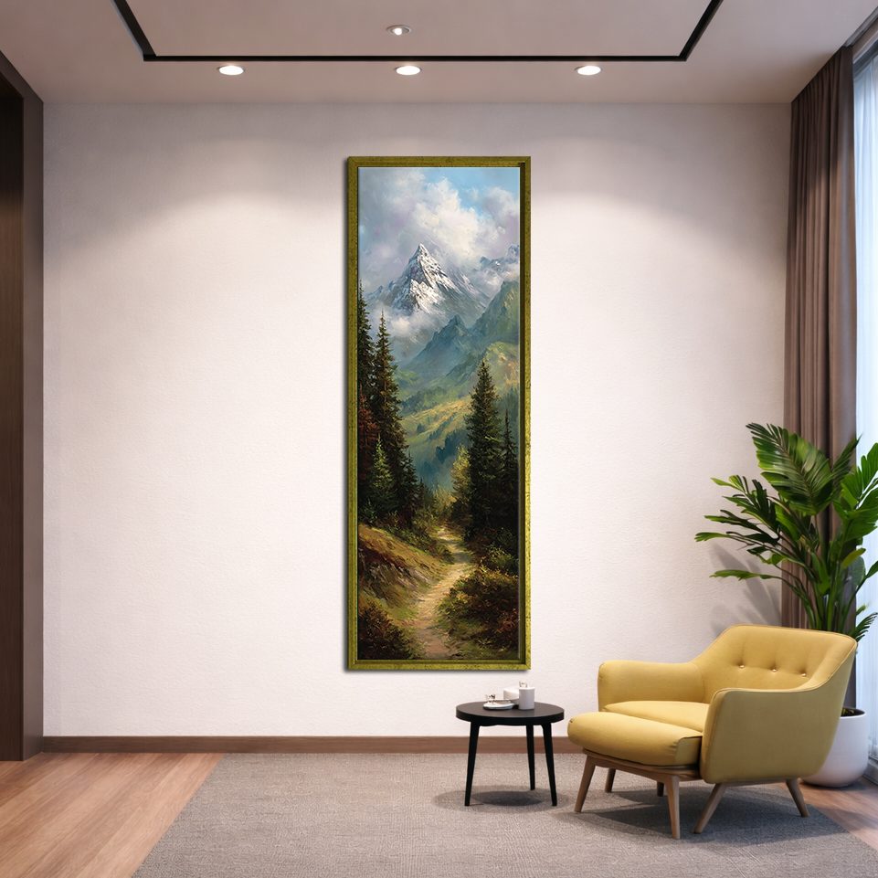Mountain Valley Forest Trail canvas wall art, gold floating frame