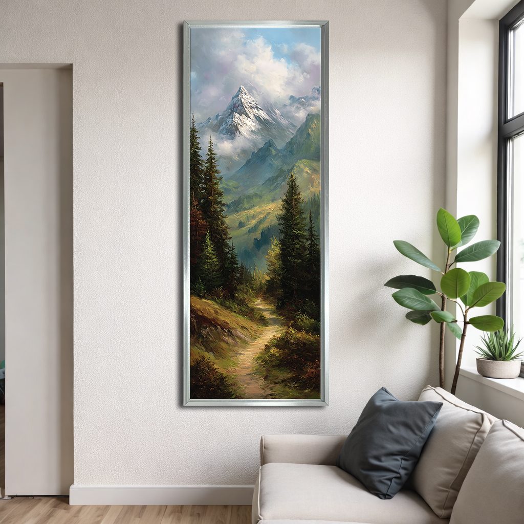Mountain Valley Forest Trail canvas wall art, silver floating frame