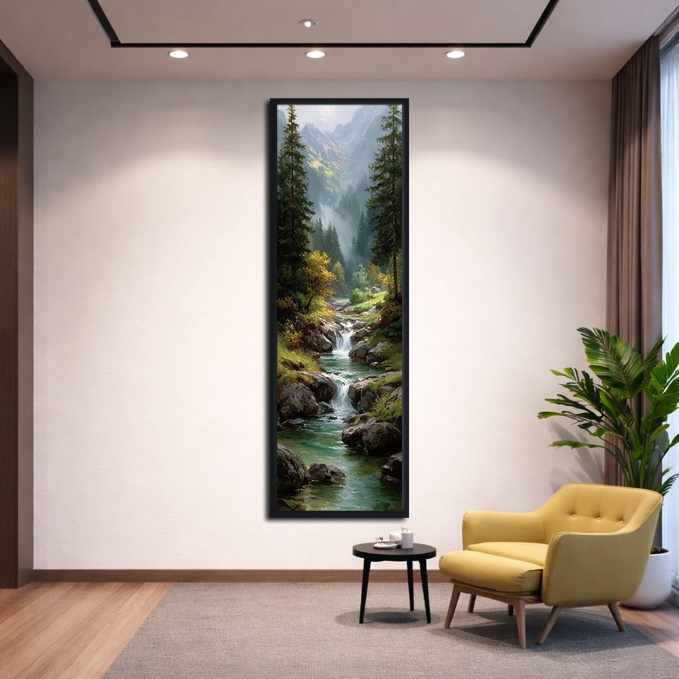 Mountain Waterfall Forest River canvas wall art, black floating frame