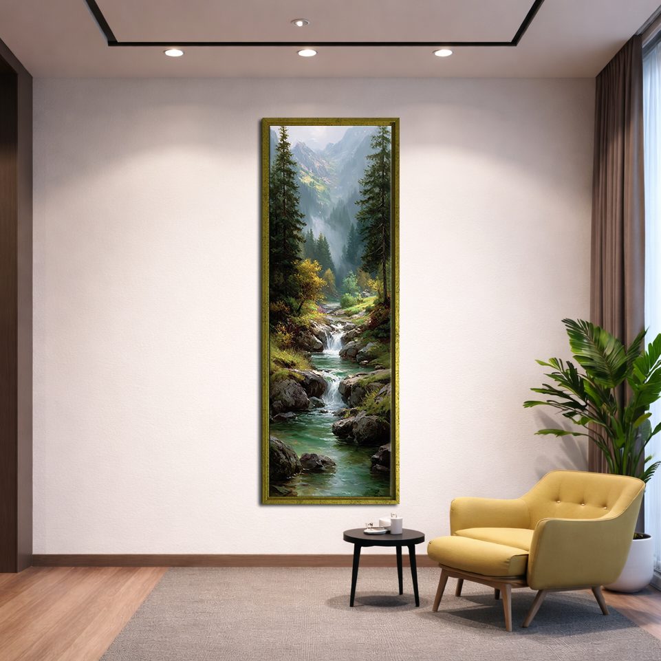 Mountain Waterfall Forest River canvas wall art, gold floating frame