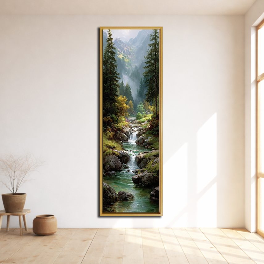 Mountain Waterfall Forest River canvas wall art, natural wood floating frame