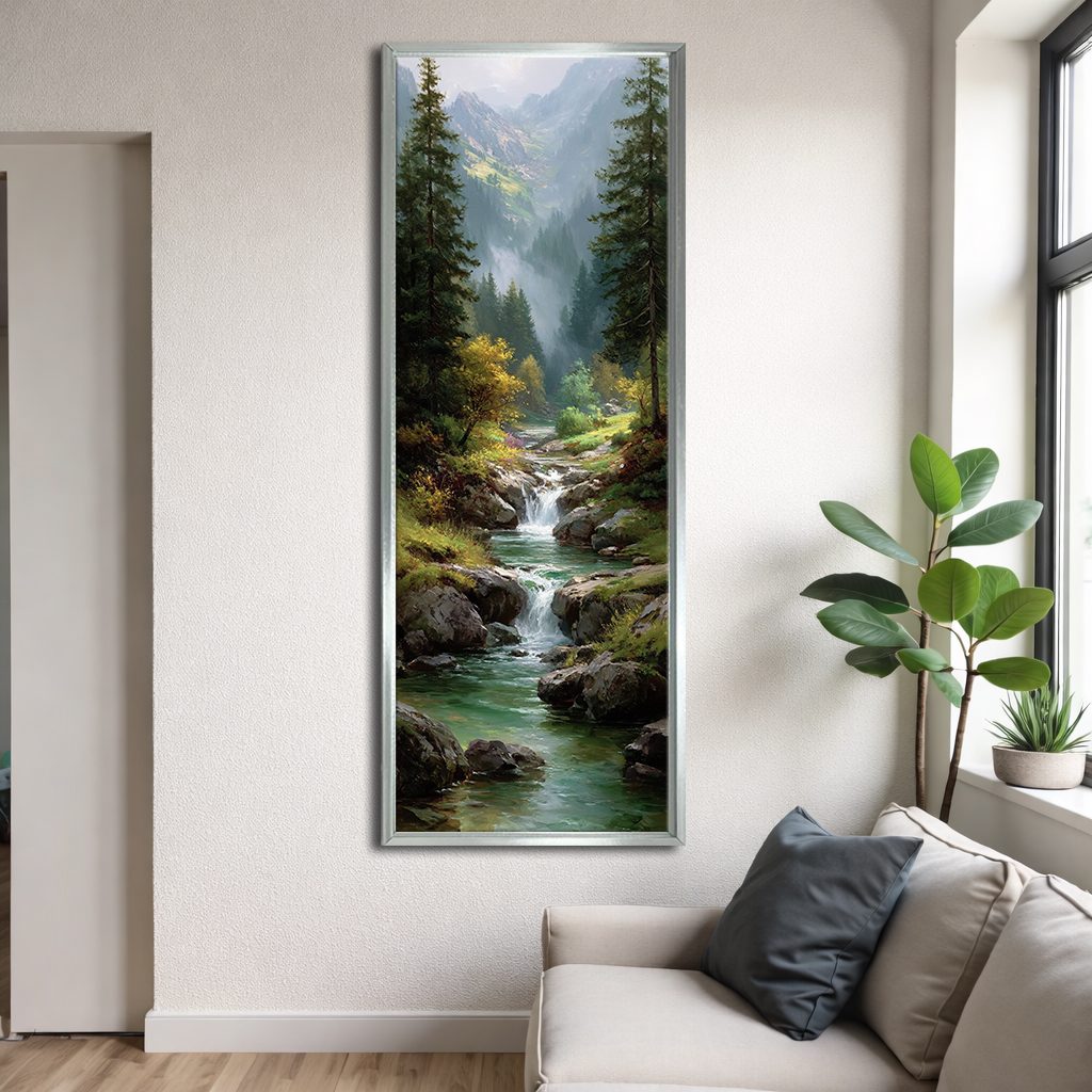 Mountain Waterfall Forest River canvas wall art, silver floating frame