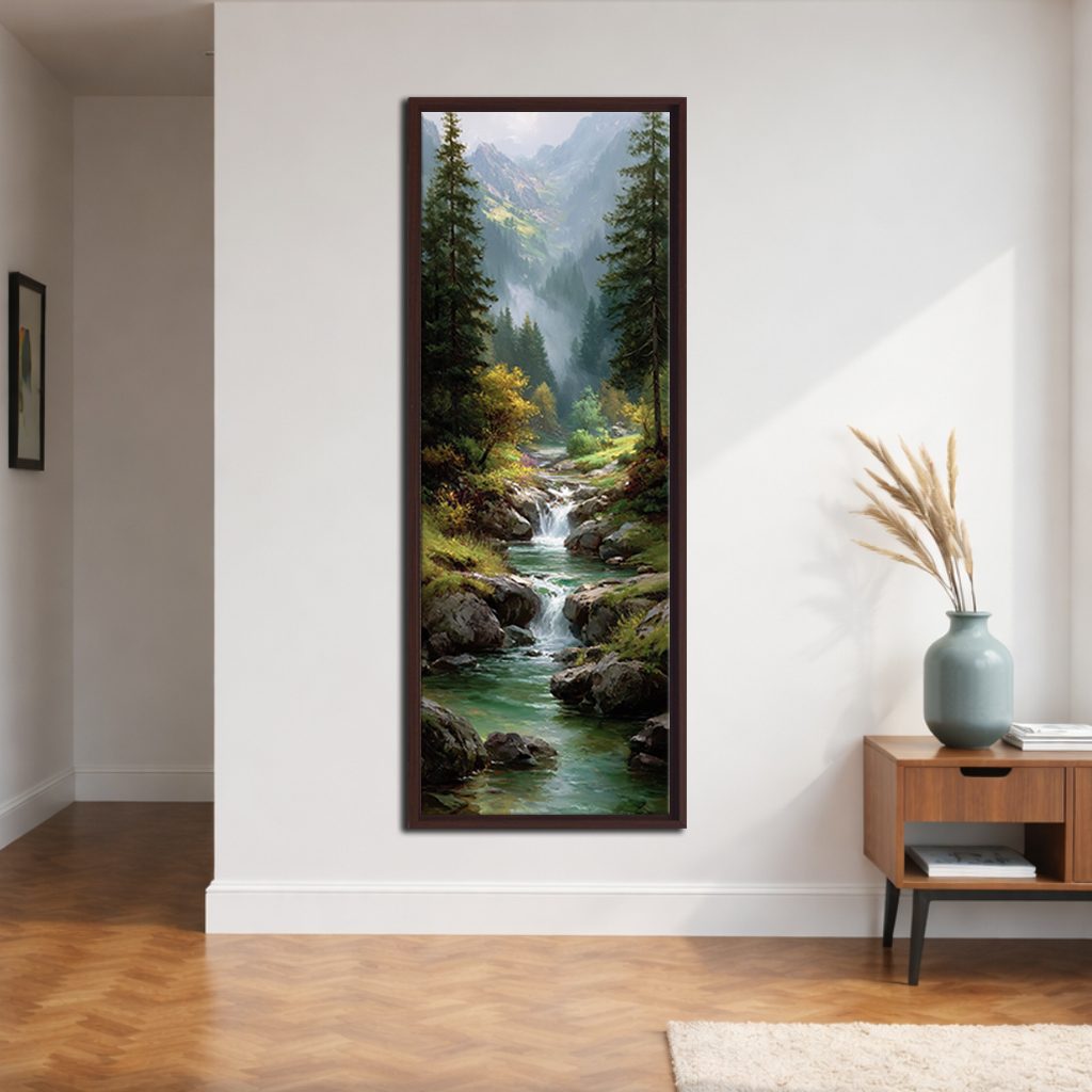 Mountain Waterfall Forest River canvas wall art, walnut floating frame