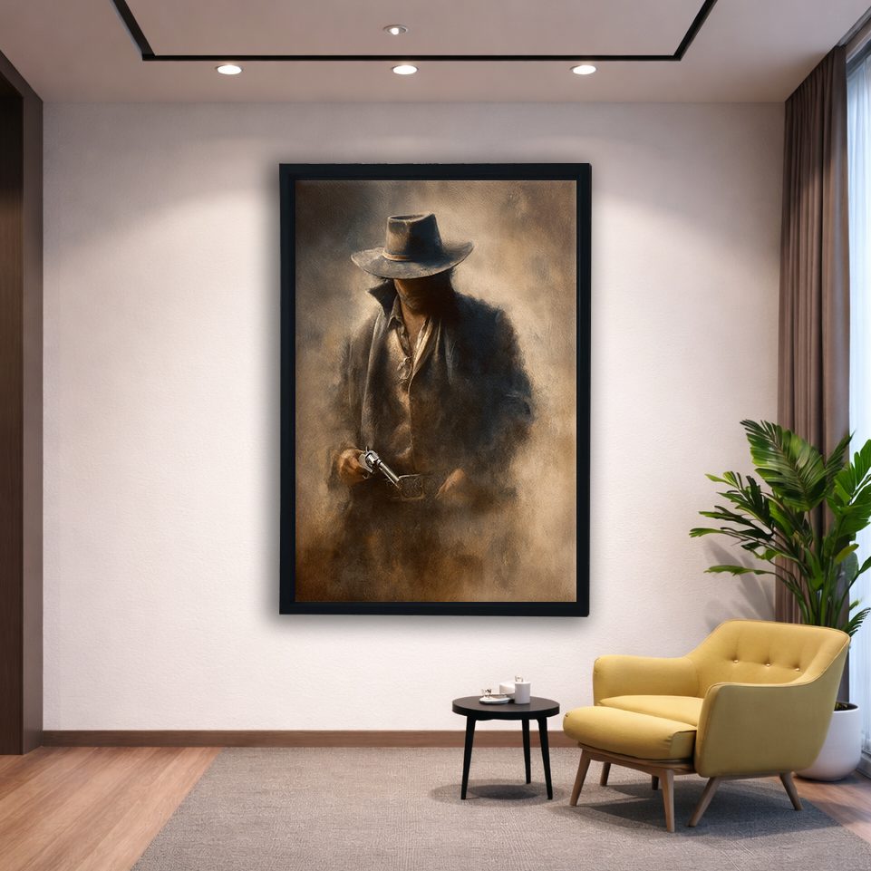 Mysterious Cowboy in Fedora canvas wall art, black floating frame