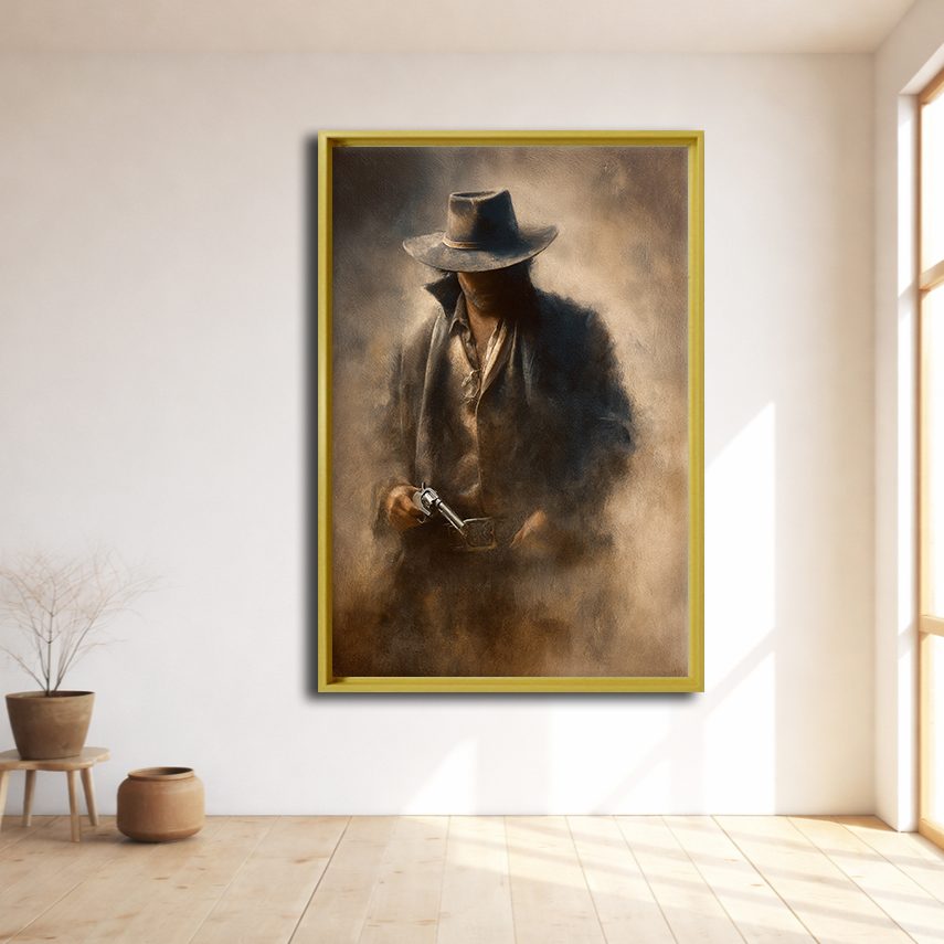 Mysterious Cowboy in Fedora canvas wall art, natural wood floating frame