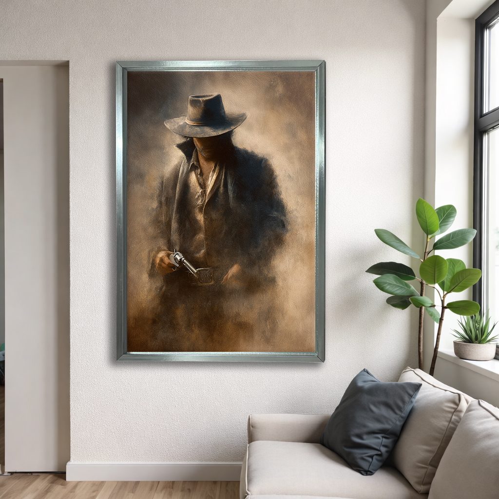 Mysterious Cowboy in Fedora canvas wall art, silver floating frame