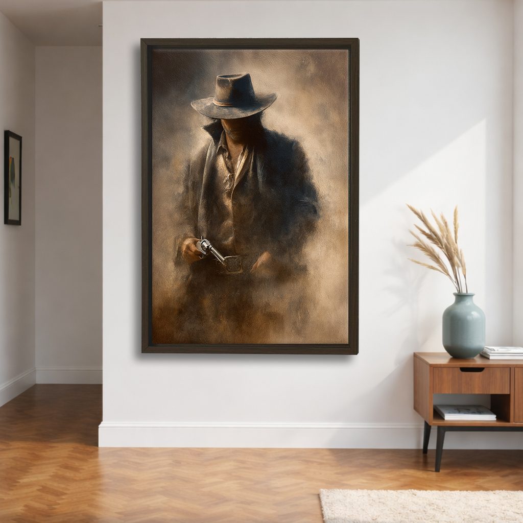 Mysterious Cowboy in Fedora canvas wall art, walnut floating frame