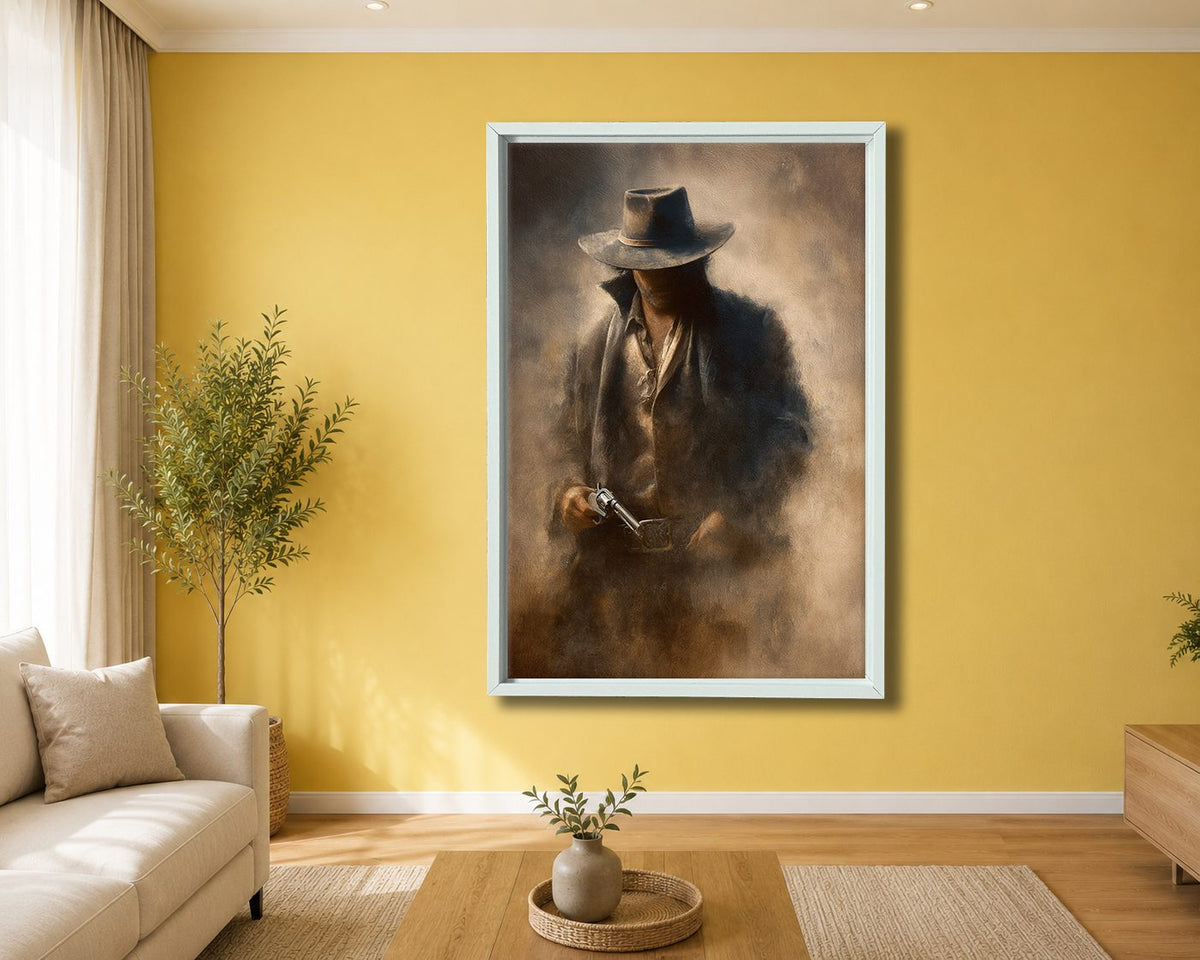 Mysterious Cowboy in Fedora canvas wall art, white floating frame