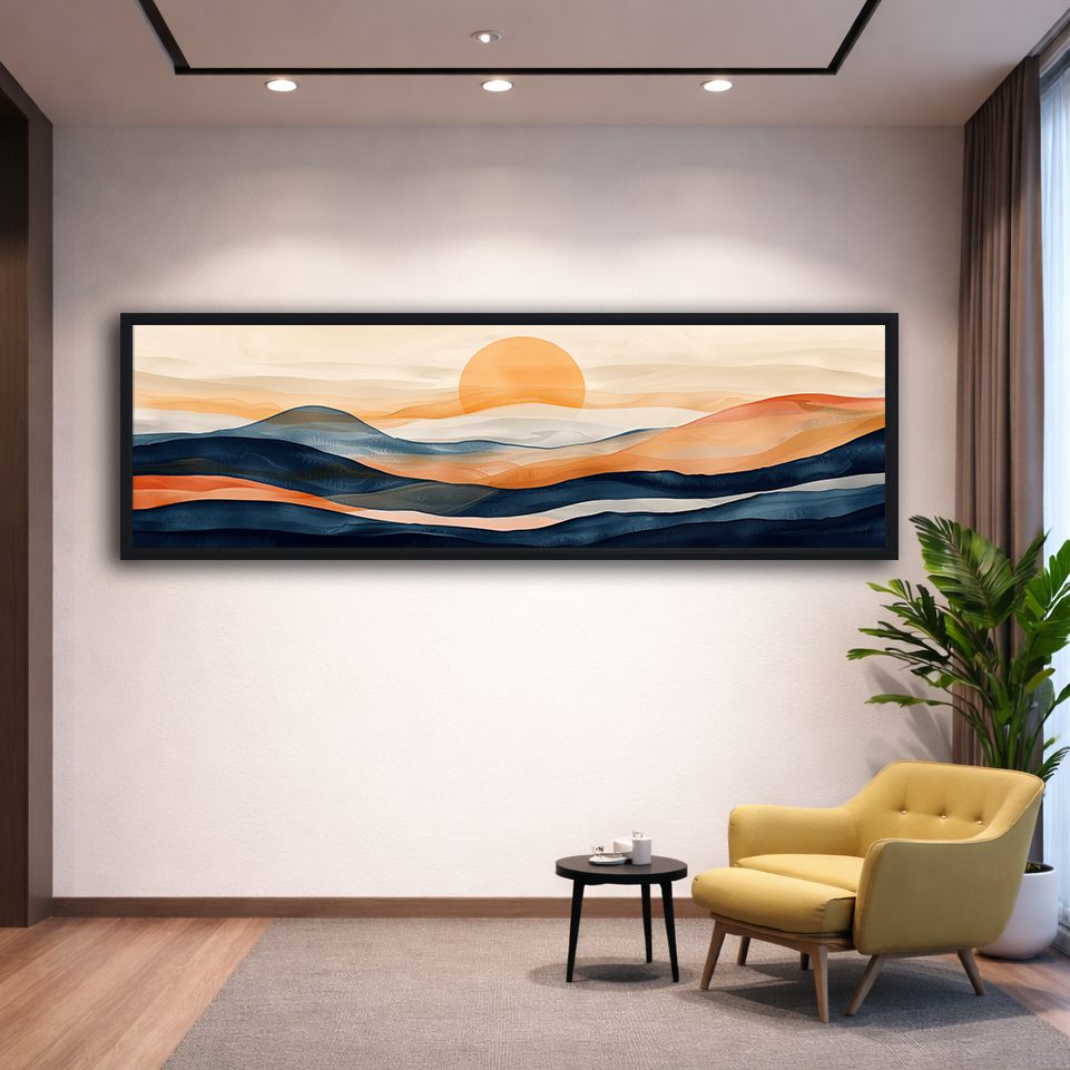 Navy and Orange Sunset Hills canvas wall art, black floating frame