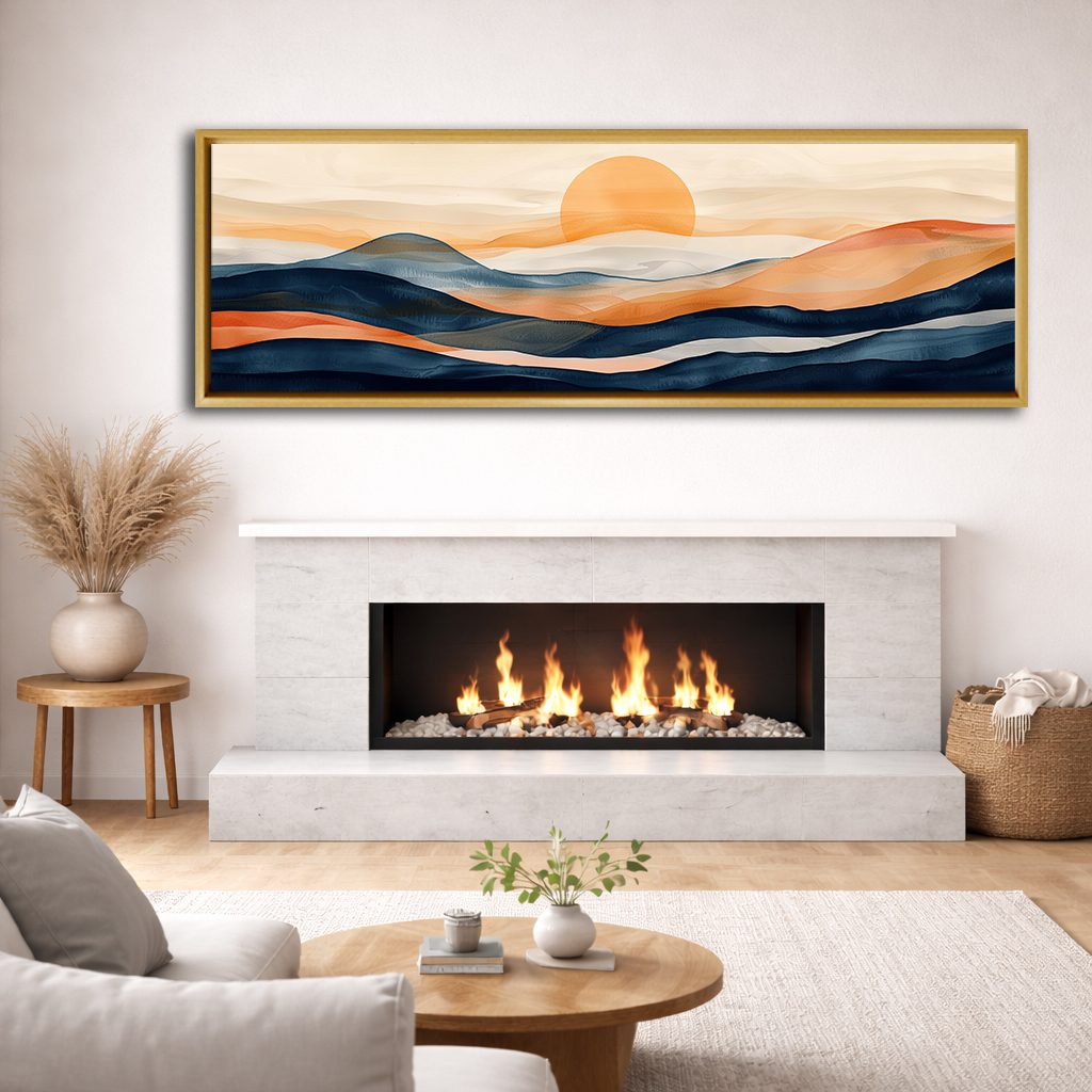 Navy and Orange Sunset Hills canvas wall art, natural wood floating frame