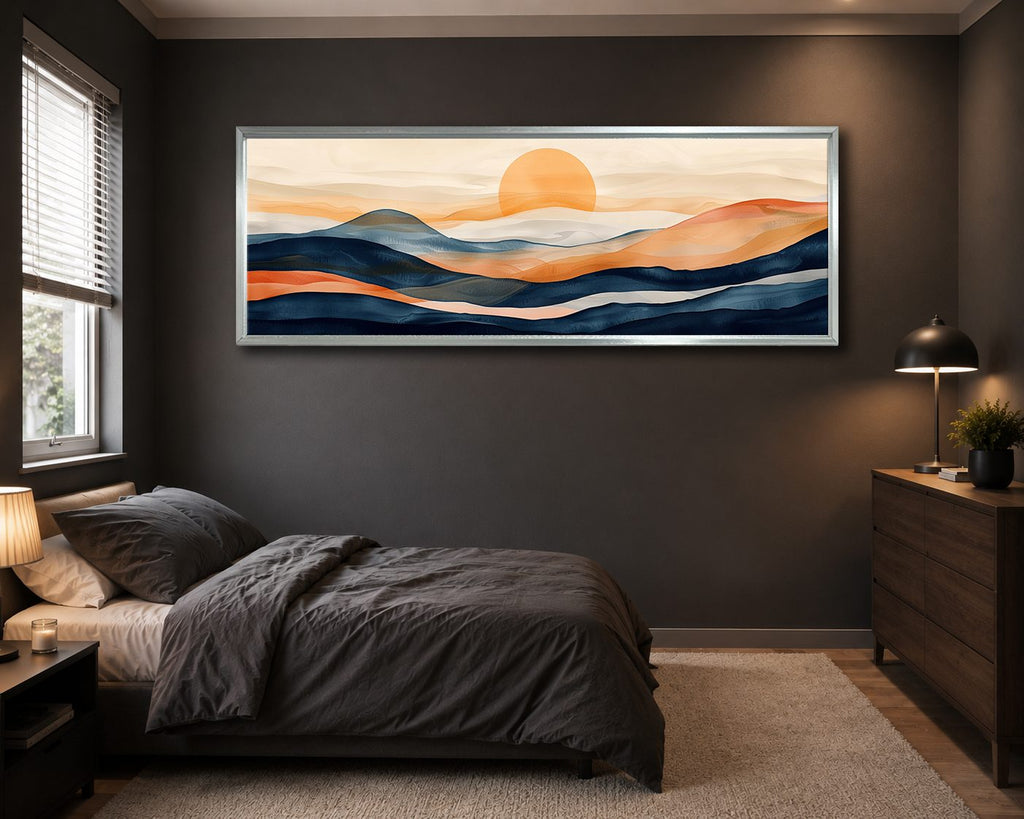 Navy and Orange Sunset Hills canvas wall art, silver floating frame