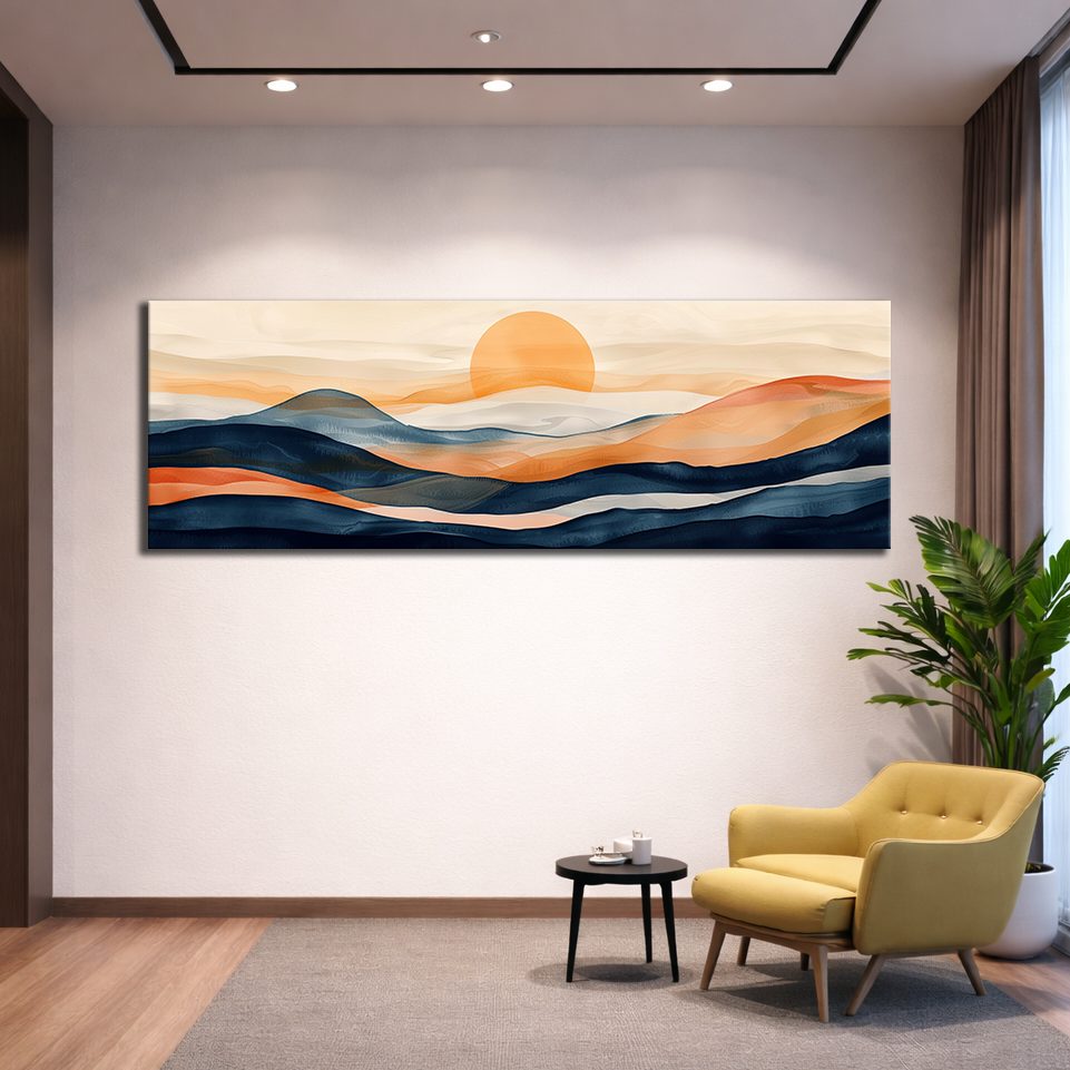 Navy and Orange Sunset Hills canvas wall art, unframed canvas