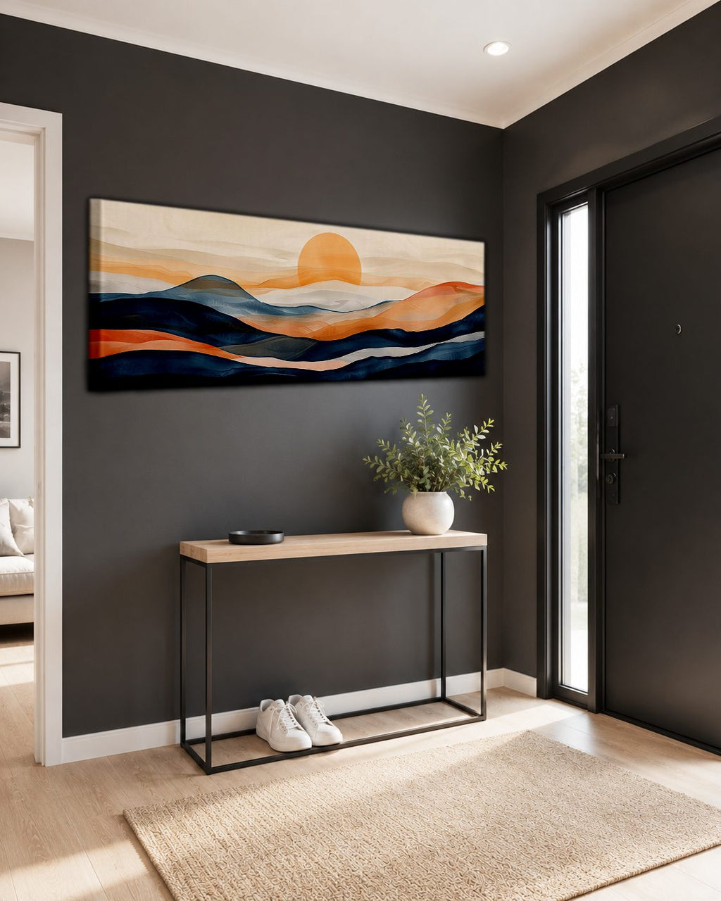 Navy and Orange Sunset Hills canvas wall art, unframed canvas