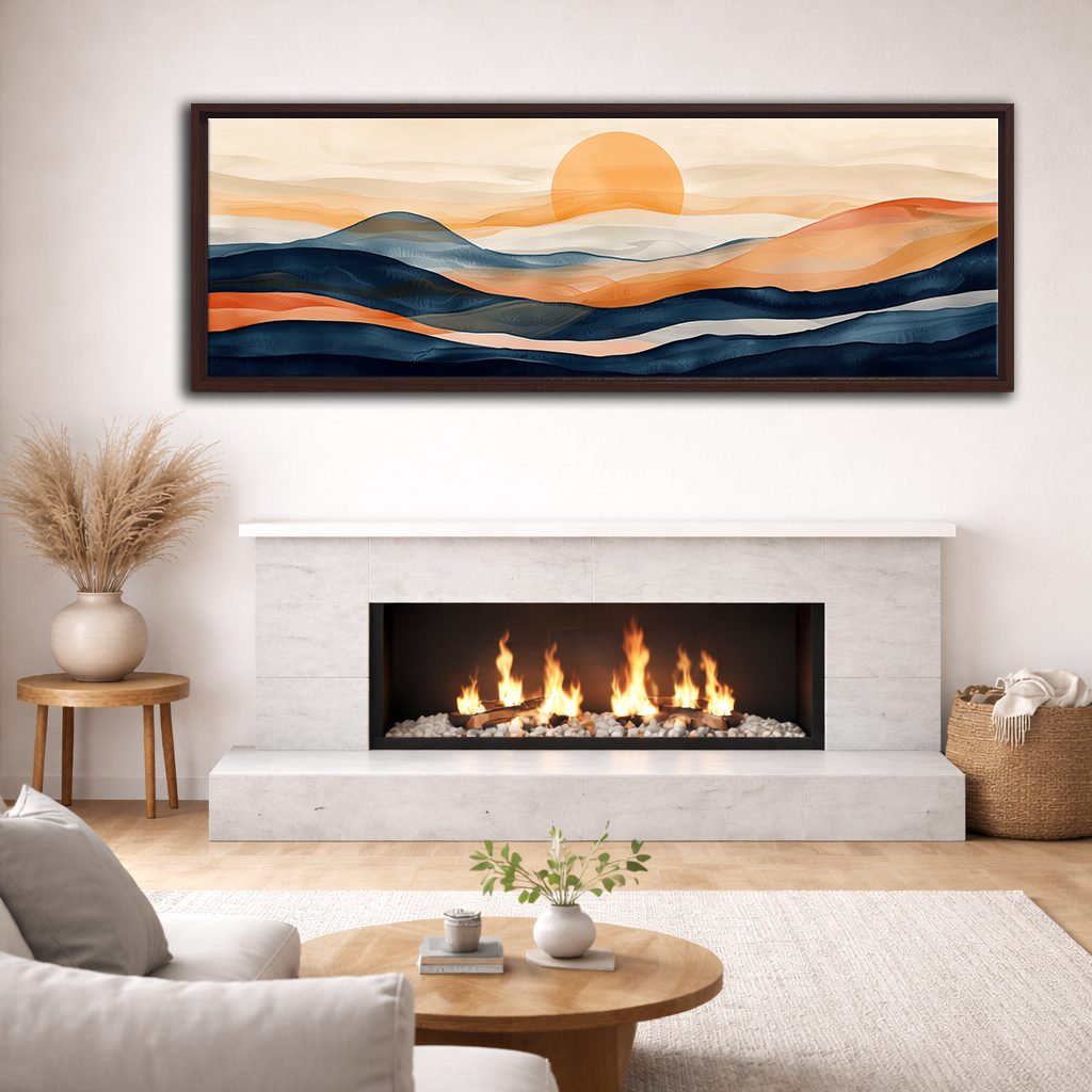 Navy and Orange Sunset Hills canvas wall art, walnut floating frame