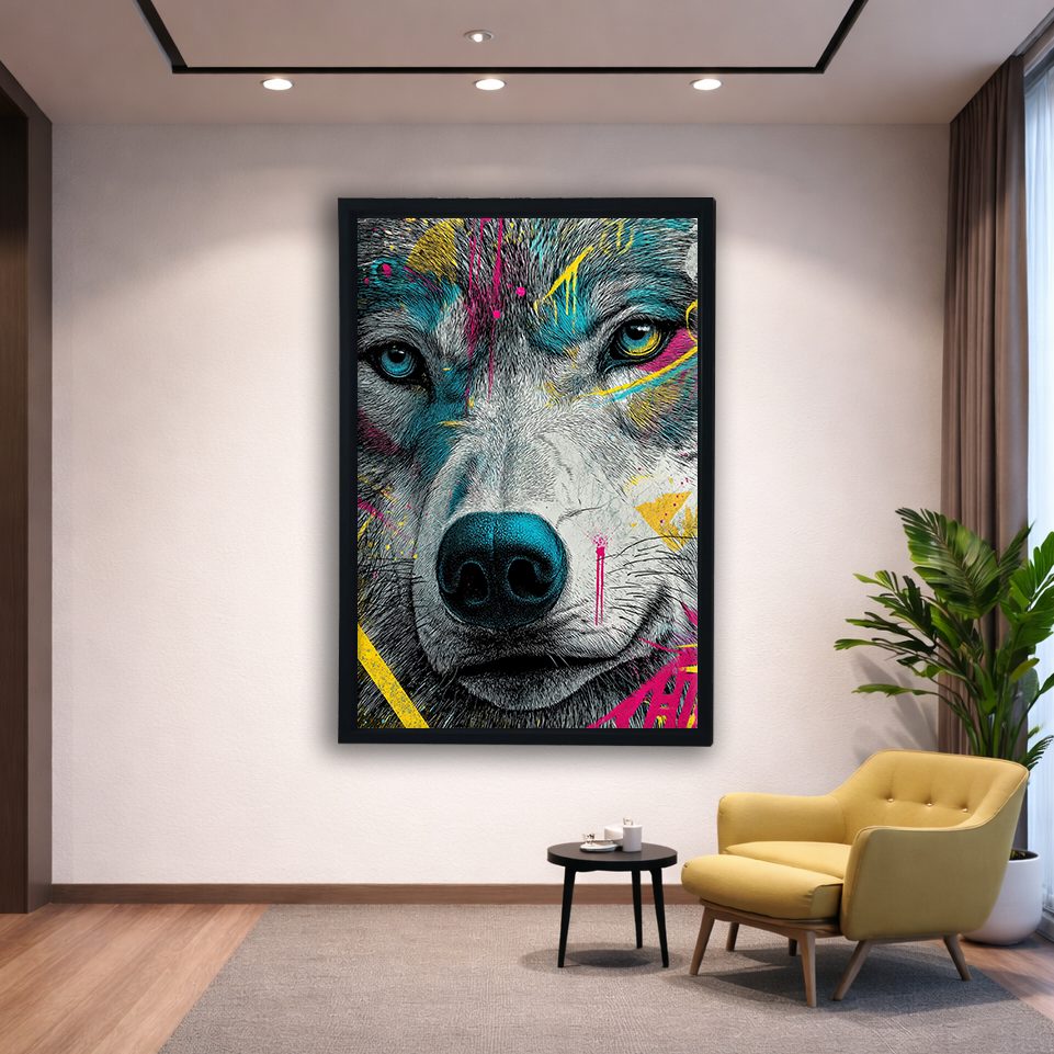 Neon Graffiti Wolf Portrait canvas wall art, black floating frame