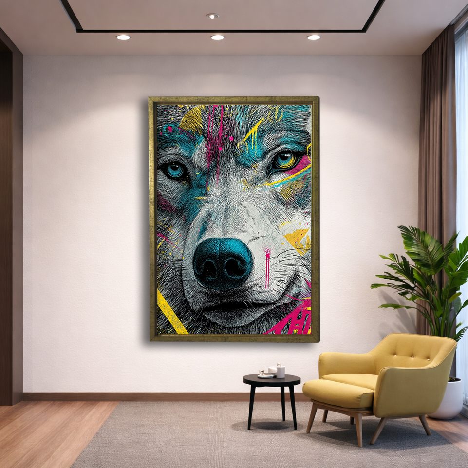 Neon Graffiti Wolf Portrait canvas wall art, gold floating frame