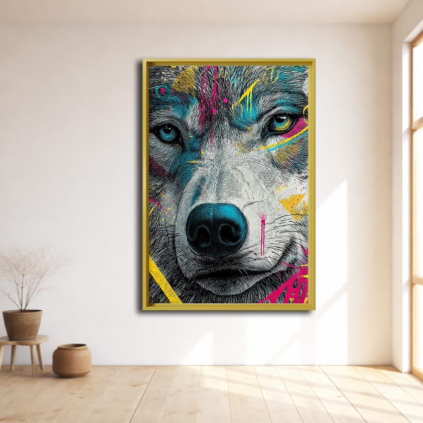 Neon Graffiti Wolf Portrait canvas wall art, natural wood floating frame