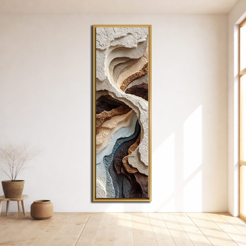 Neutral 3D Textured Layers Abstract canvas wall art, natural wood floating frame