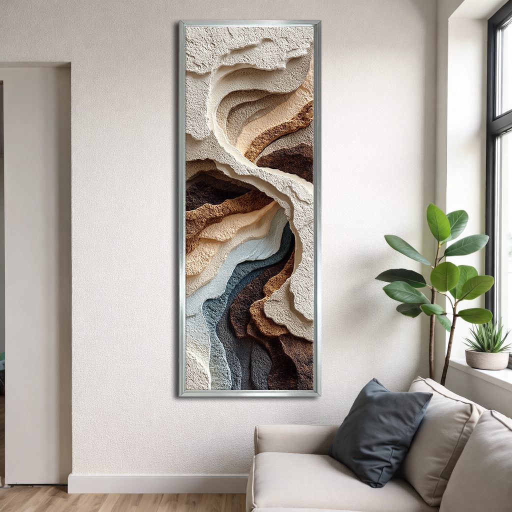 Neutral 3D Textured Layers Abstract canvas wall art, silver floating frame