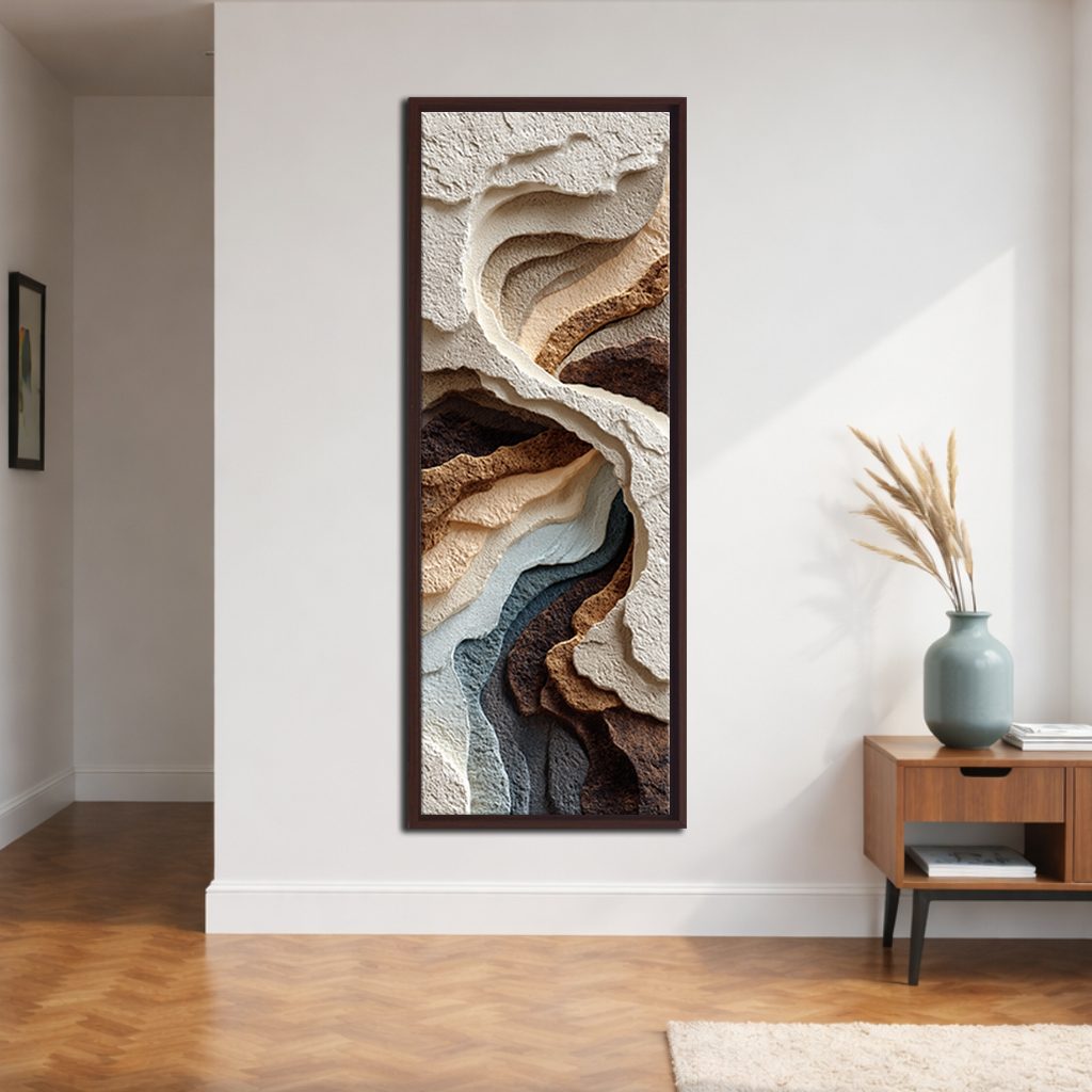 Neutral 3D Textured Layers Abstract canvas wall art, walnut floating frame