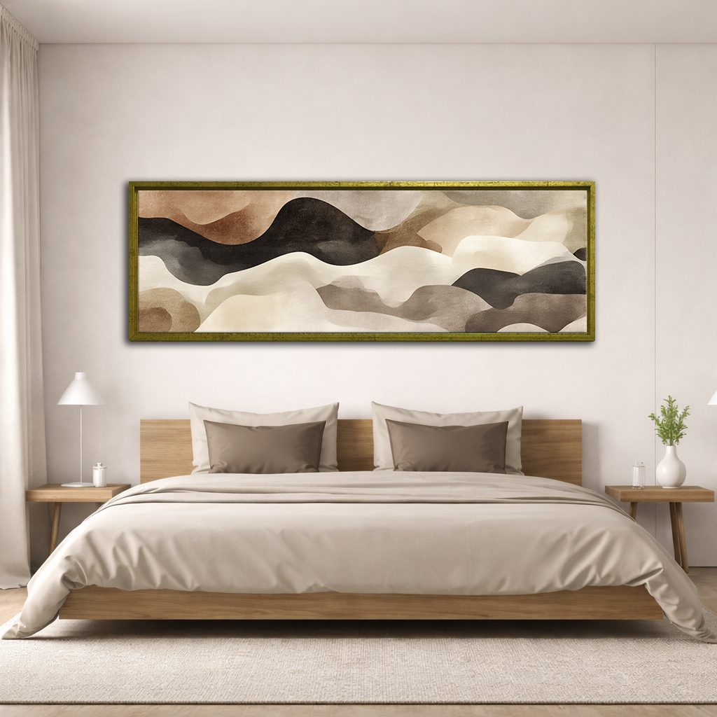 Neutral Black and Beige Waves Abstract canvas wall art, antique gold floating frame