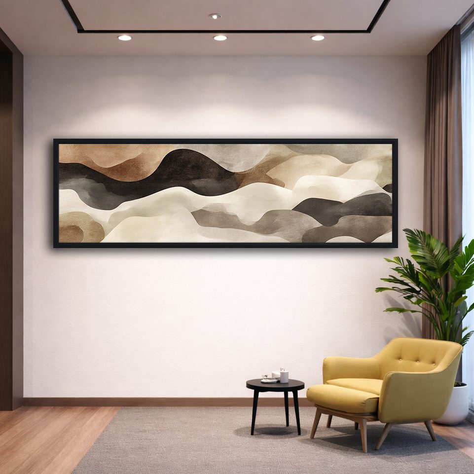 Neutral Black and Beige Waves Abstract canvas wall art, black floating frame