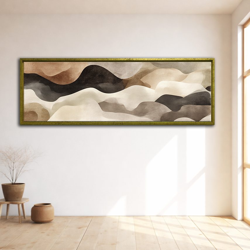 Neutral Black and Beige Waves Abstract canvas wall art, gold floating frame