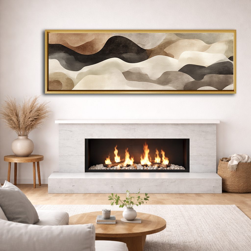 Neutral Black and Beige Waves Abstract canvas wall art, natural wood floating frame