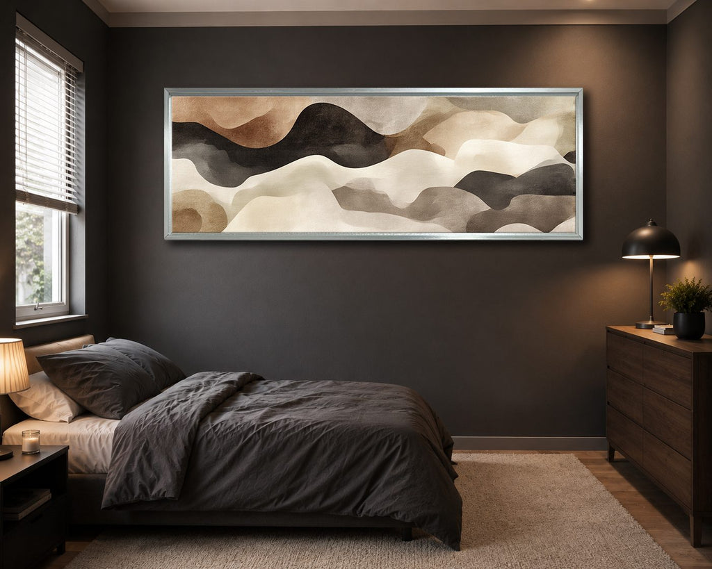Neutral Black and Beige Waves Abstract canvas wall art, silver floating frame
