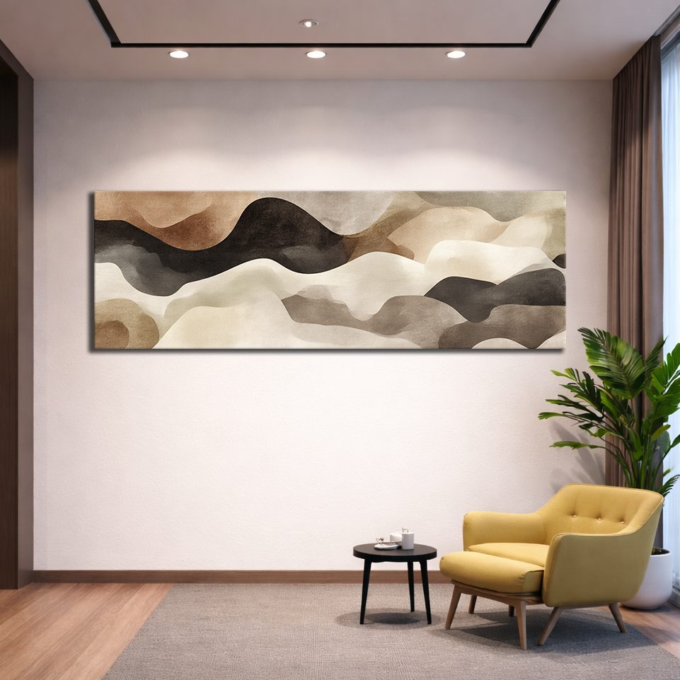 Neutral Black and Beige Waves Abstract canvas wall art, unframed canvas